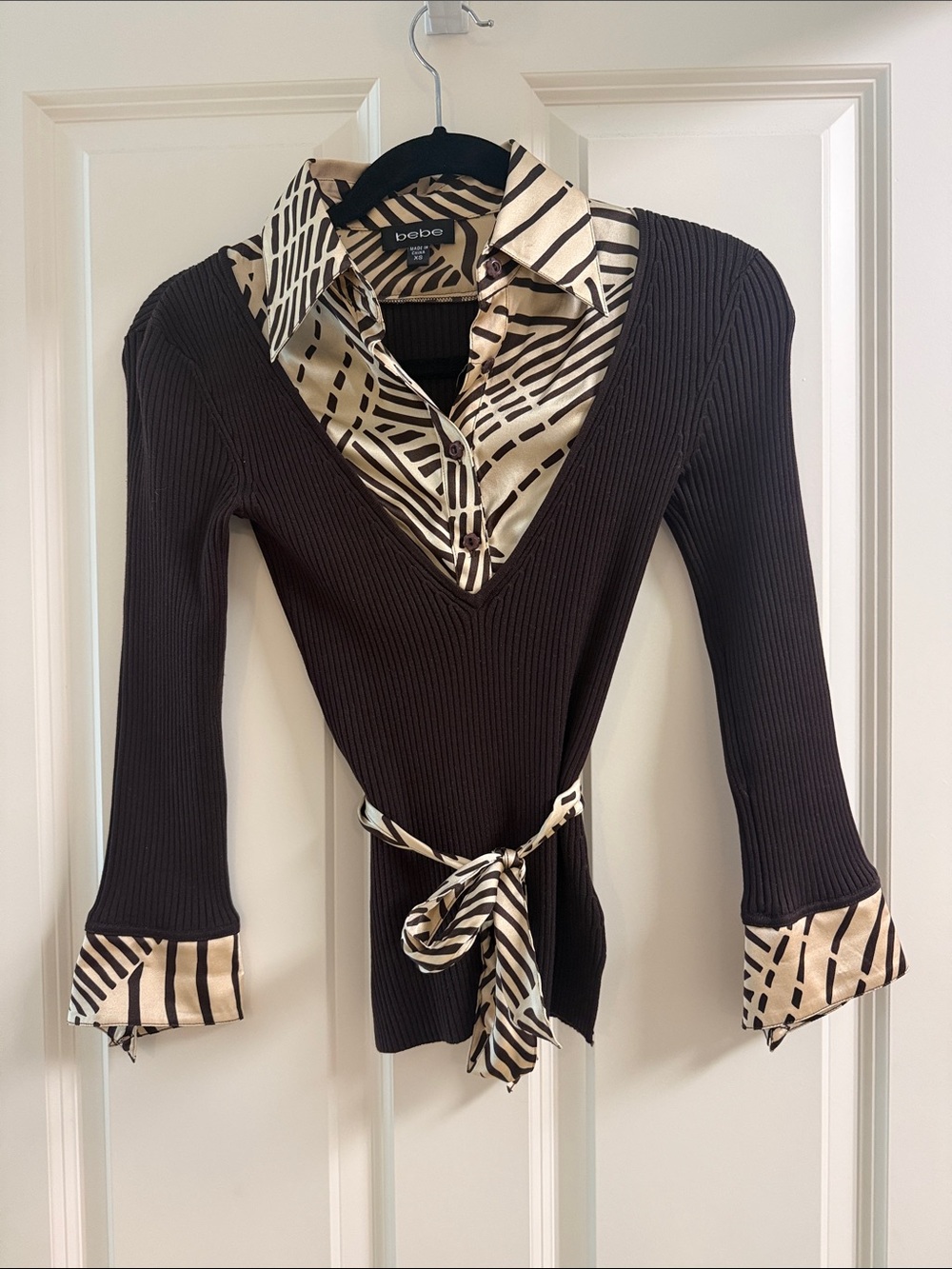 bebe Ribbed Knit with Satin Collar & Cuffs